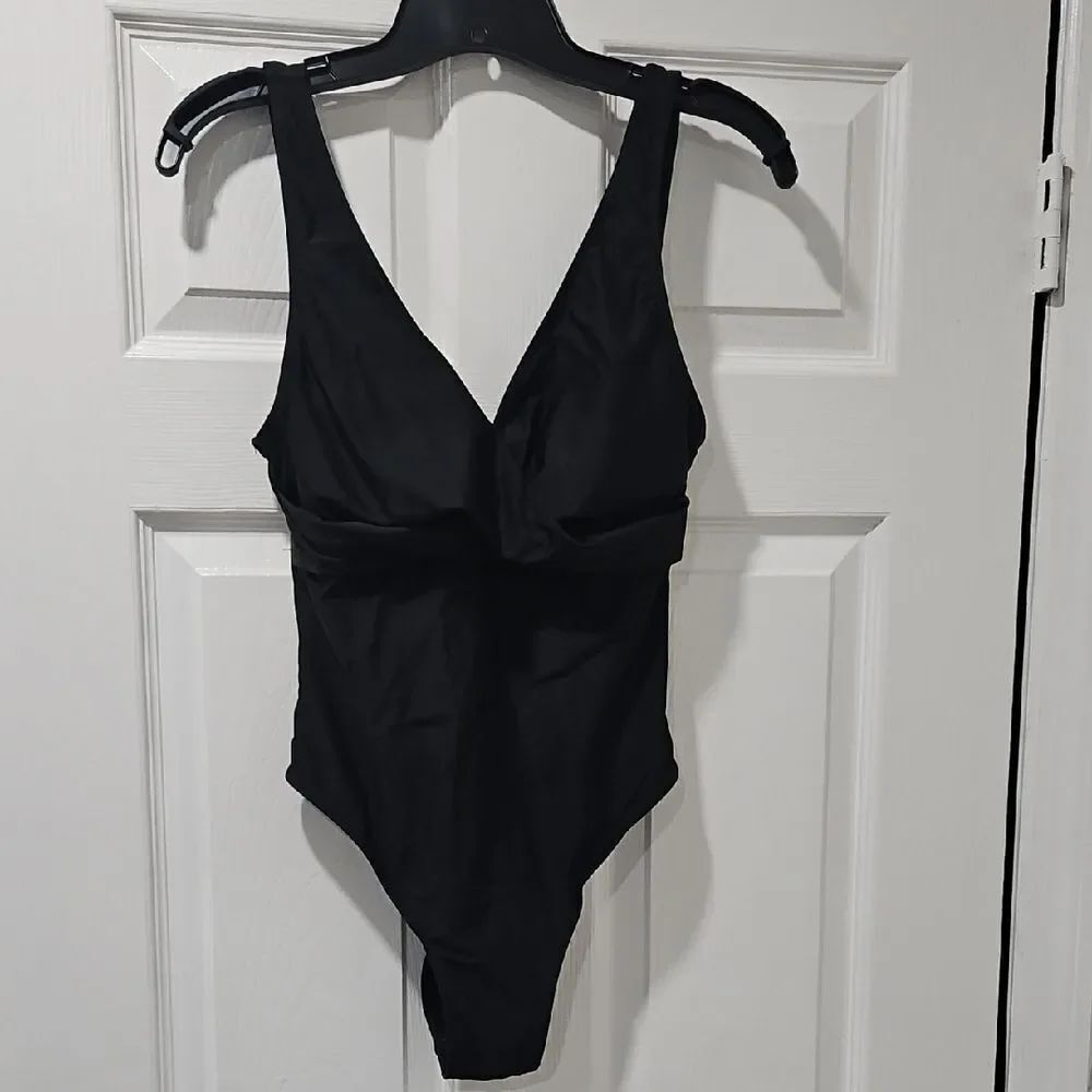 Women's Black One-Piece Swimsuit with V-Neck Support